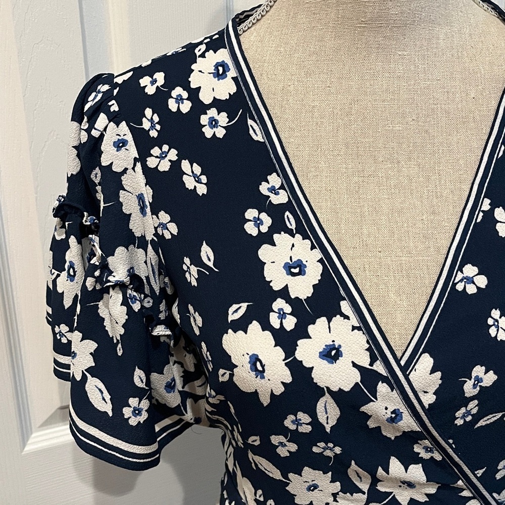 Max Studio Navy and White Floral Wrap Dress - Picture 2 of 5